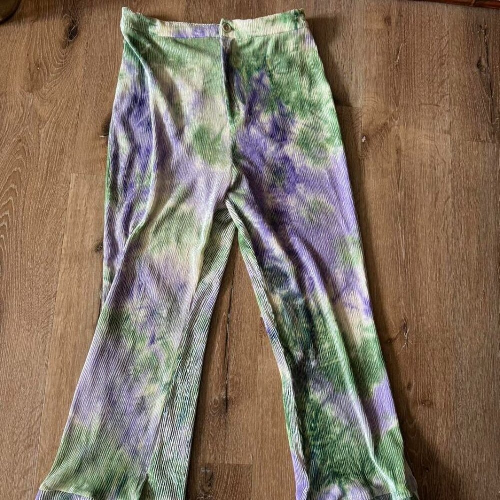 Find Me Now Purple Green Grey Tie Dye Pull On Wide Leg Pants Size‎ M